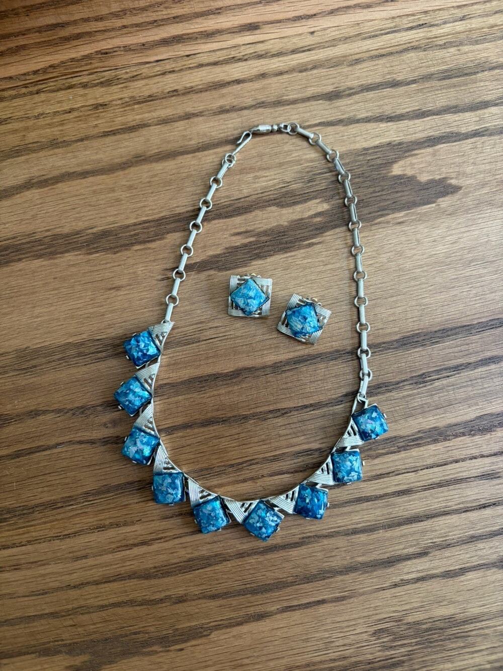 Vintage 1950s Coro Necklace Silver Blue Confetti Necklace And Earring Set